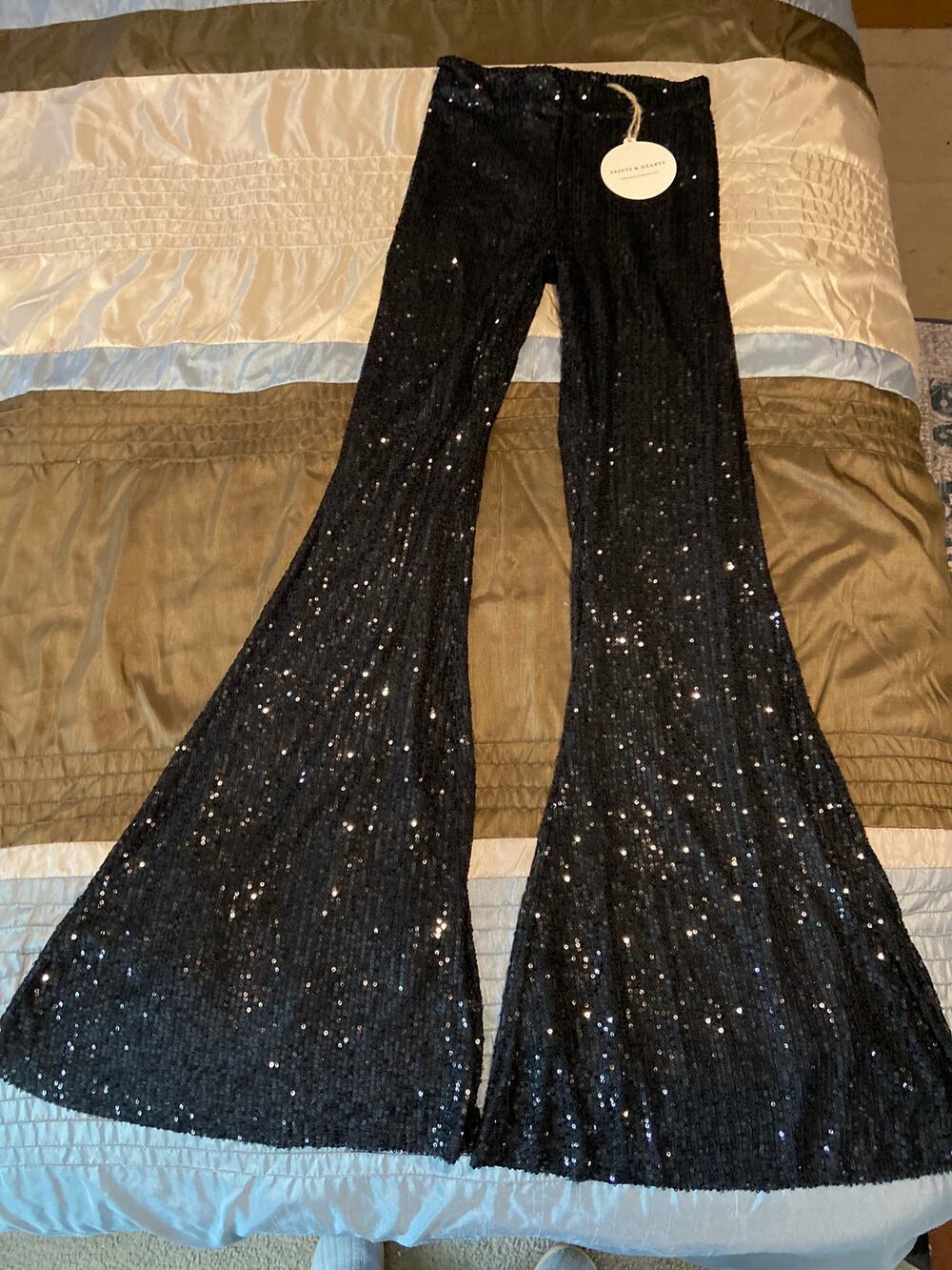 Saints & Hearts black sequin flare pants size S NWT